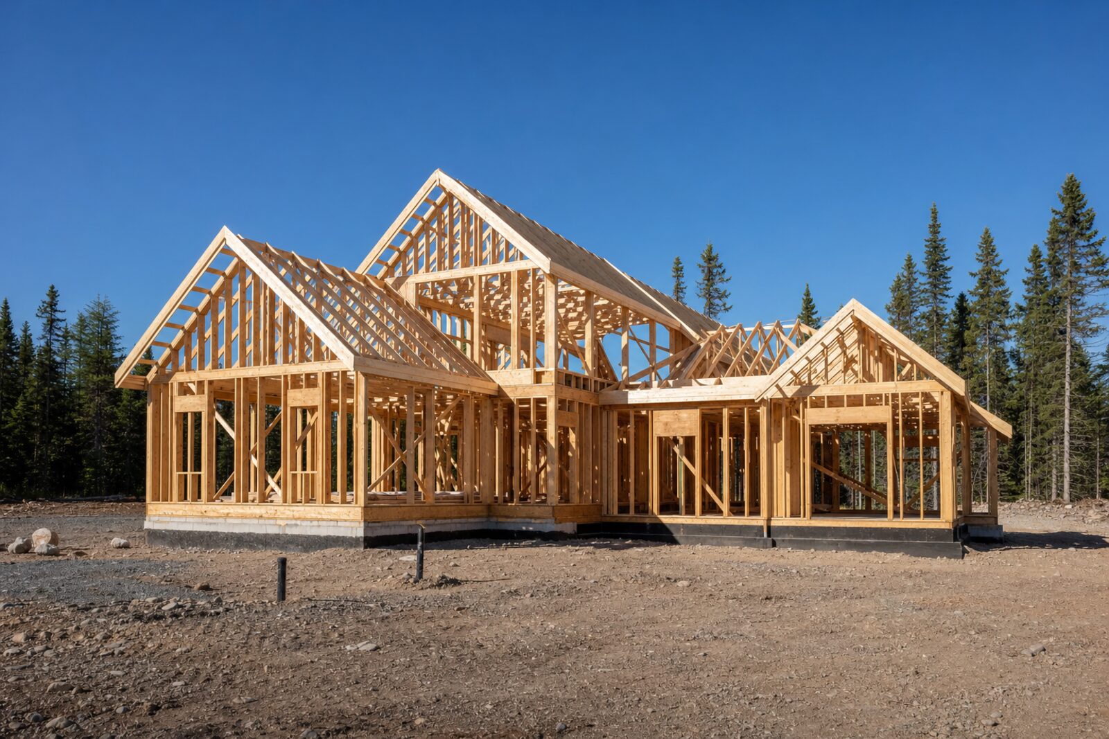New wood-frame house framing in progress