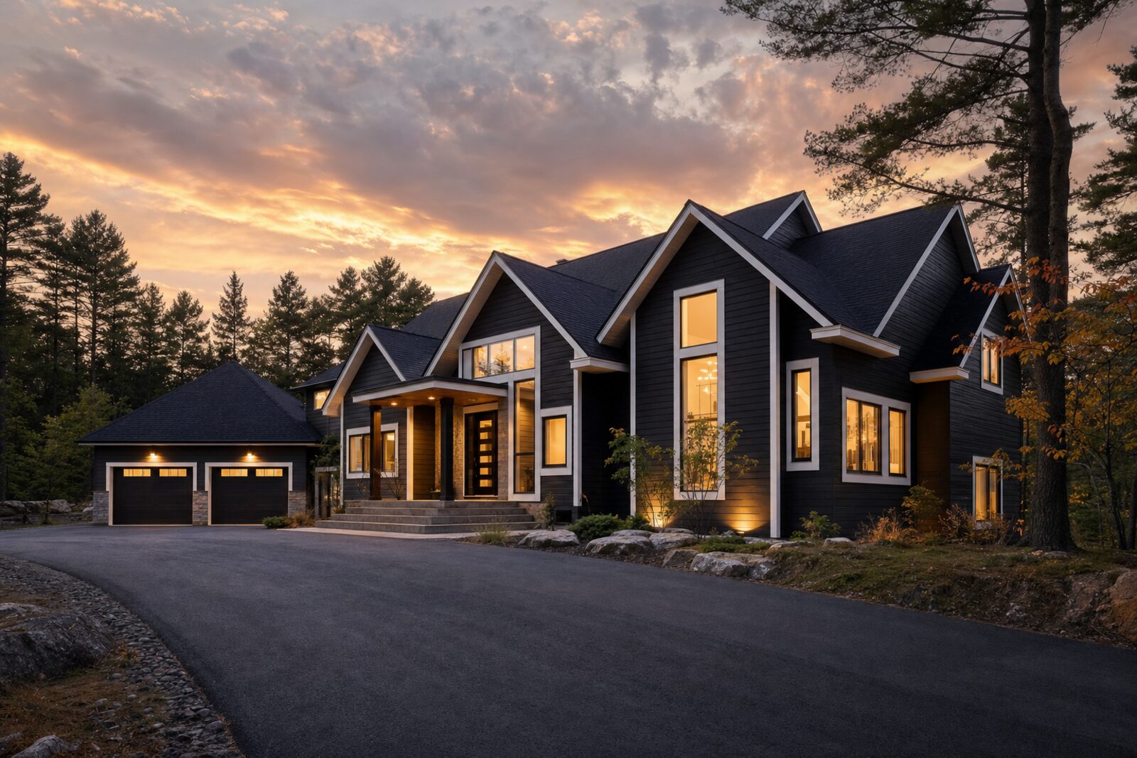 Modern custom home exterior at dusk
